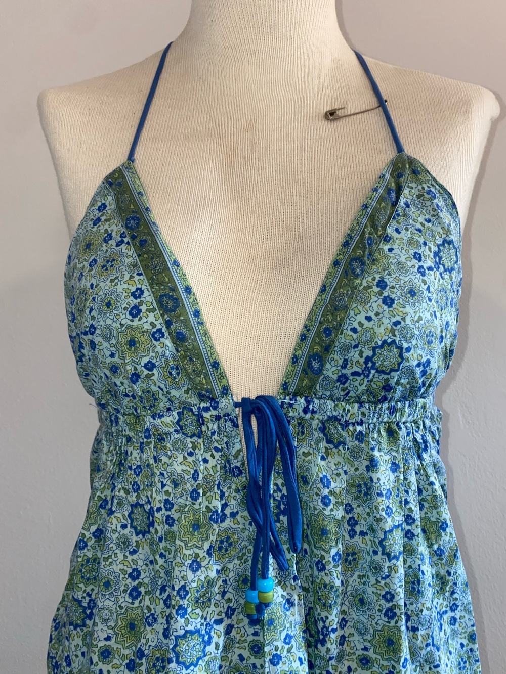 Vintage Blue and Green Floral Halter Cotton Maxi Dress Size S - Picture 2 of 11